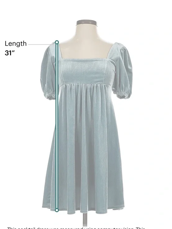 Teal Velvet Puff Sleeve Square Neck Dress - Picture 5 of 6